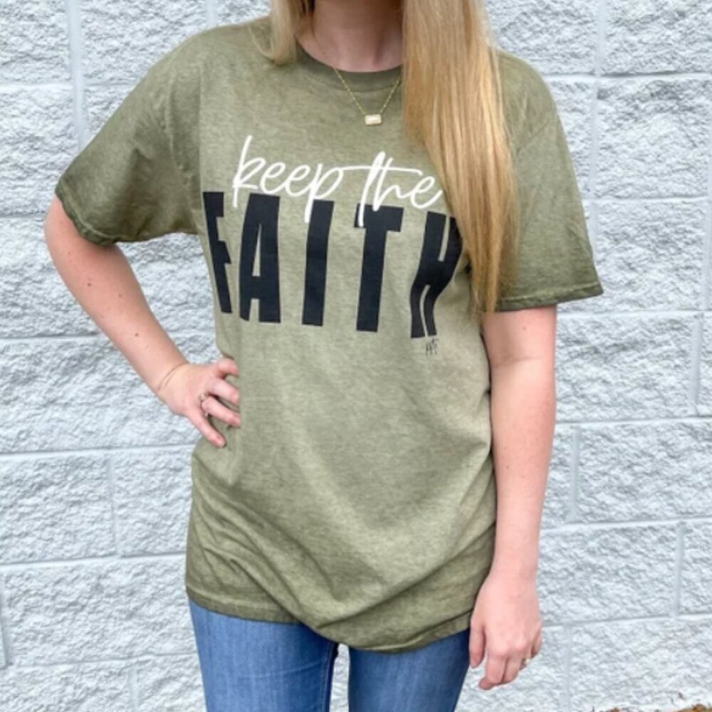NWT - Olive Colortone Tee - Screenprinted Keep The Faith